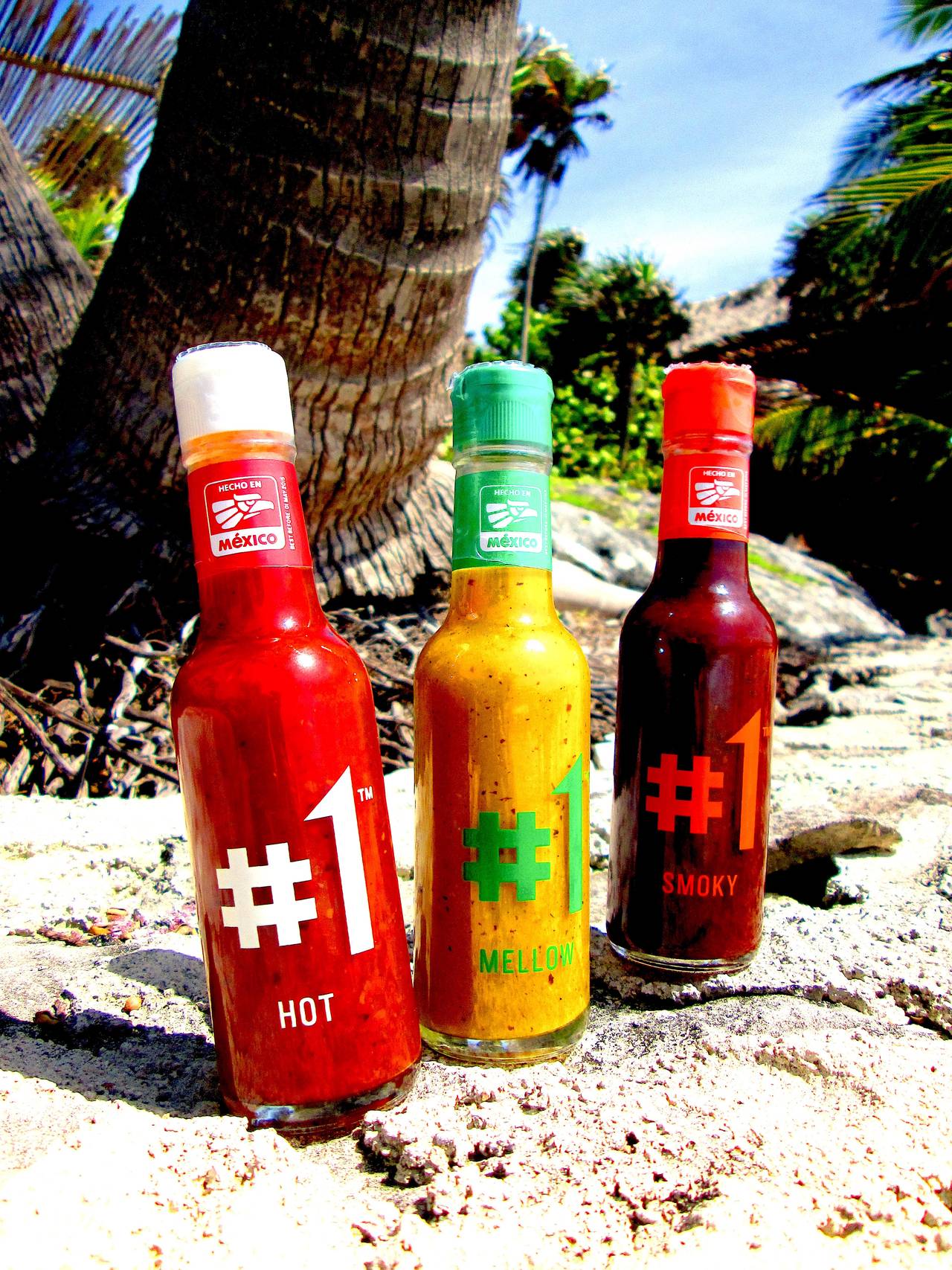The #1 Sauce range – HOT, MELLOW and SMOKY – on a beach in Mexico